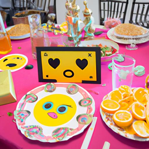 The bridal shower table is adorned with charming decorations and the vibrant emoji game setup.