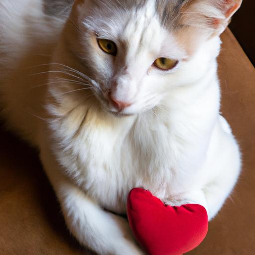 This contented cat is lovingly holding its heart-shaped toy.