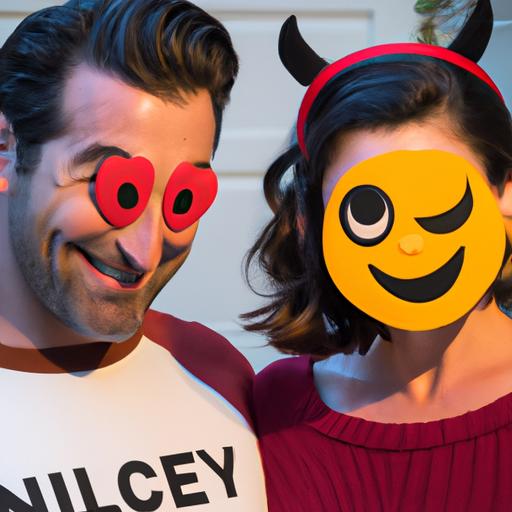 A couple spreading love and laughter as they rock their Heart-Eyes and Winking Face emoji costumes.