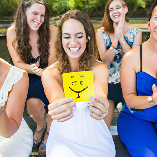 The bride-to-be proudly displays an emoji card, celebrating her successful guess during the bridal shower Emoji Pictionary.
