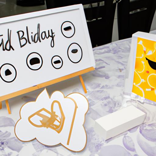A table adorned with vibrant decorations showcasing the Emoji Pictionary game materials at the bridal shower.