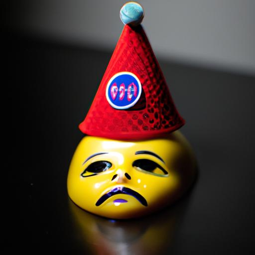 A whimsical twist on the sad emoji face meme with a comical clown hat, injecting a touch of levity into the melancholic expression.